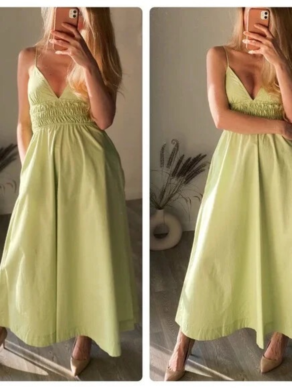Women's Lime Green V-Neck Smocked Waist Maxi Dress